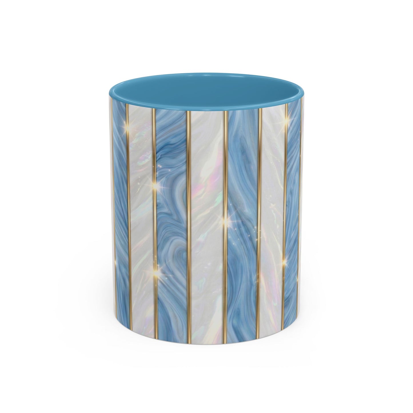 Faux Stained Glass Mug, Blue Pearlescent Coffee Cup, Art Deco Stained Glass Decor, Elegant Gold Stripe Teacup, Unique Art Gift For Her