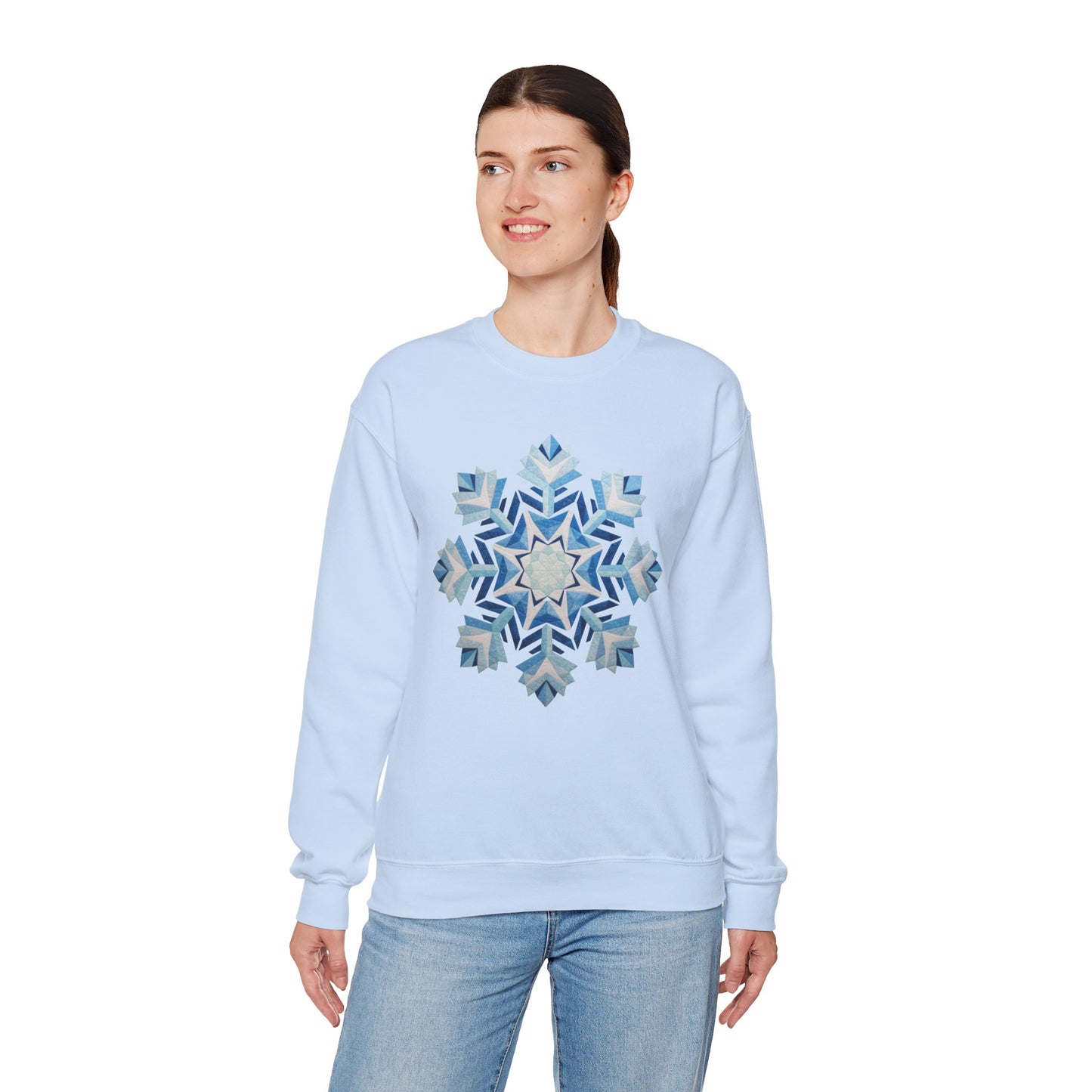 Faux Patchwork Snowflake Sweatshirt, Winter Snowflake Crewneck Unisex, Cozy Holiday Patchwork Sweatshirt, Nordic Snowflake Winter Pullover