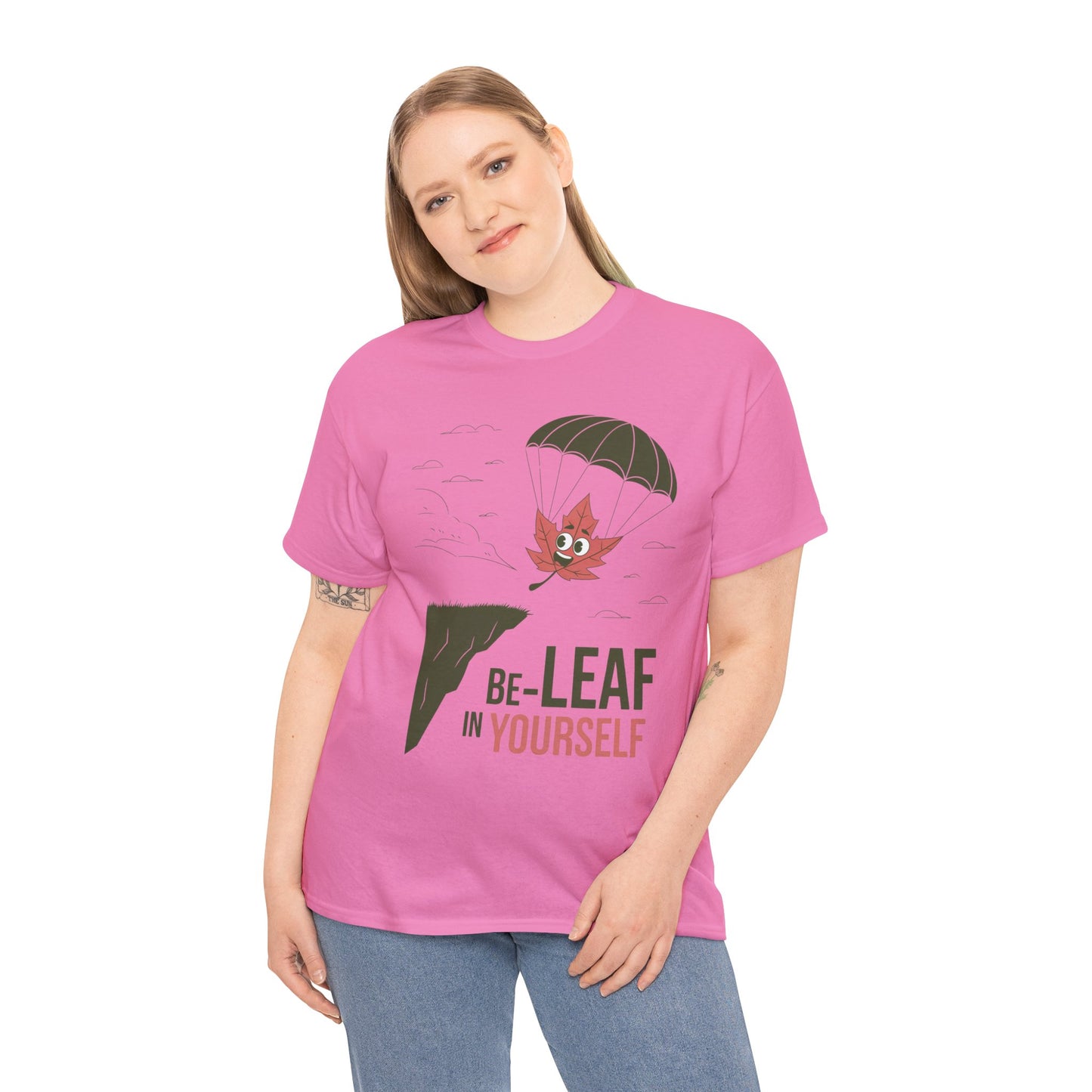 Be-Leaf In Yourself Maple Leaf Parachute T-Shirt | Funny Motivational Nature Graphic Tee | Self-Love Fall Autumn Shirt | Outdoorsy Gift