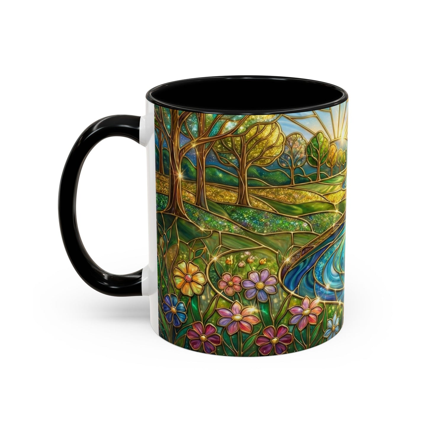 Stained Glass Mug, River Landscape Coffee Cup, Nature Lover Gift, Floral Tea Mug, Gardener Present, Art Teacher Gift, Colorful Scenery Cup
