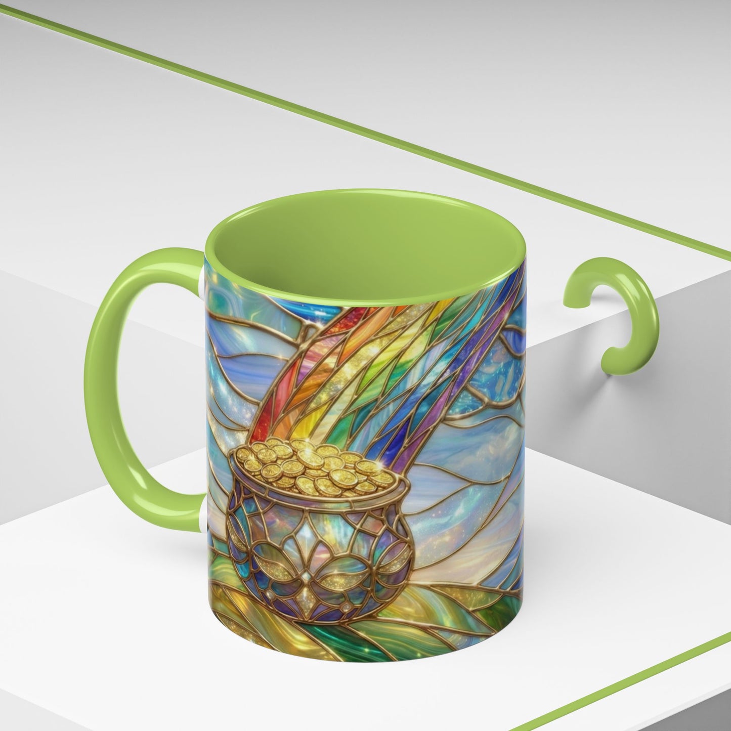 Stained Glass Rainbow Mug, Pot Of Gold Coffee Cup, St Patricks Day Gift, Magical Fantasy Tea Cup, Lucky Irish Leprechaun, Colorful Art