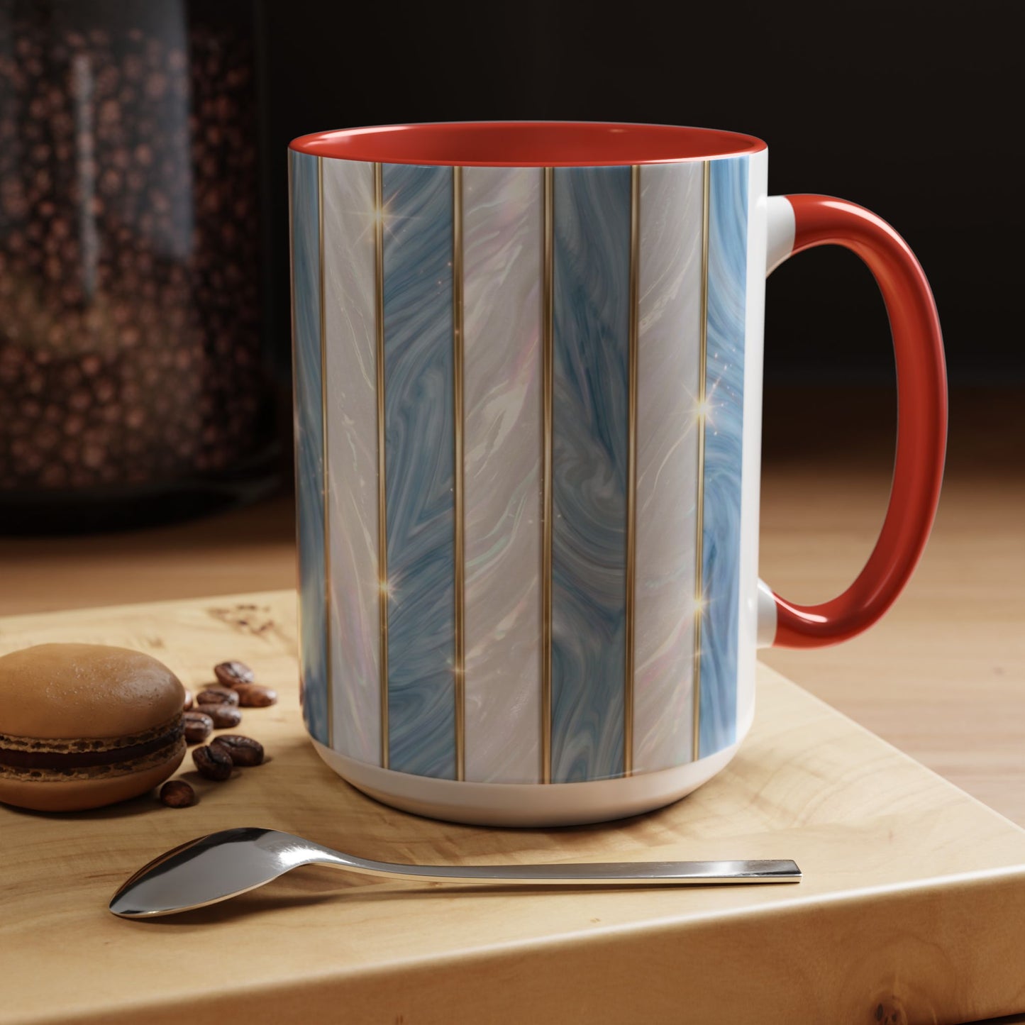 Faux Stained Glass Mug, Blue Pearlescent Coffee Cup, Art Deco Stained Glass Decor, Elegant Gold Stripe Teacup, Unique Art Gift For Her