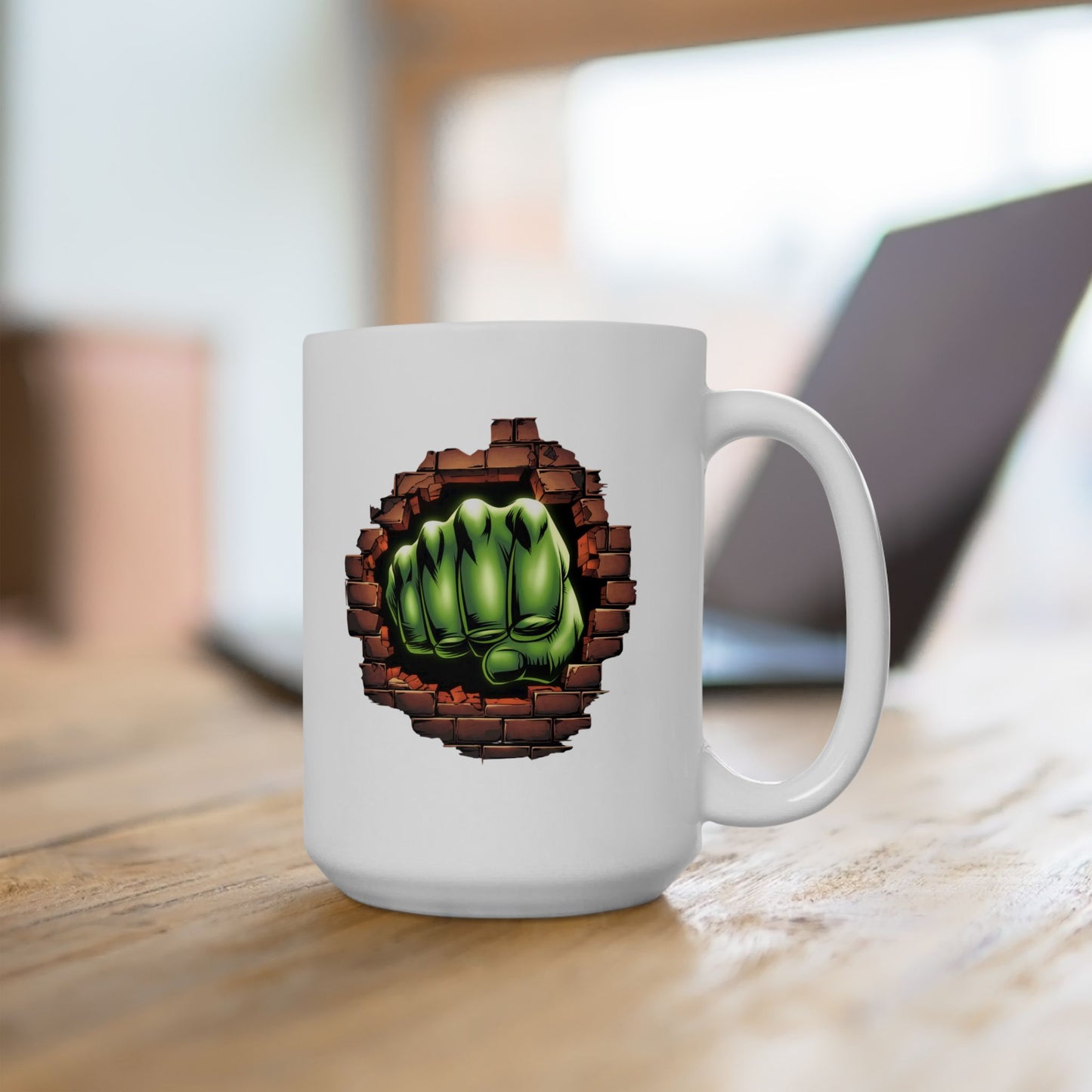 Smash Fist Mug – Green Fist Punching Through Wall Coffee Cup, Superhero Inspired Design, Dishwasher Safe, Funny Gift for Fans & Coffee Lovers