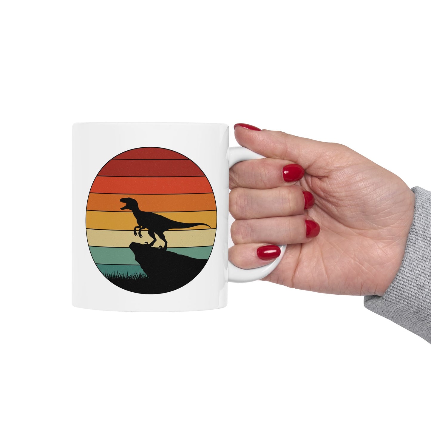Retro Sunset Dinosaur Mug – Velociraptor Silhouette on Vintage Stripes, Jurassic Coffee Cup, Prehistoric Art Ceramic Mug, Dinosaur Lover Gift