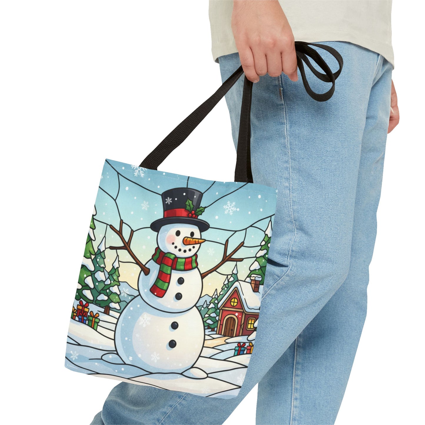 Stained Glass Snowman Christmas Tote Bag, Holiday Art Tote, Festive Winter Gift Bag, Colorful Christmas Scene Reusable Shopping Bag