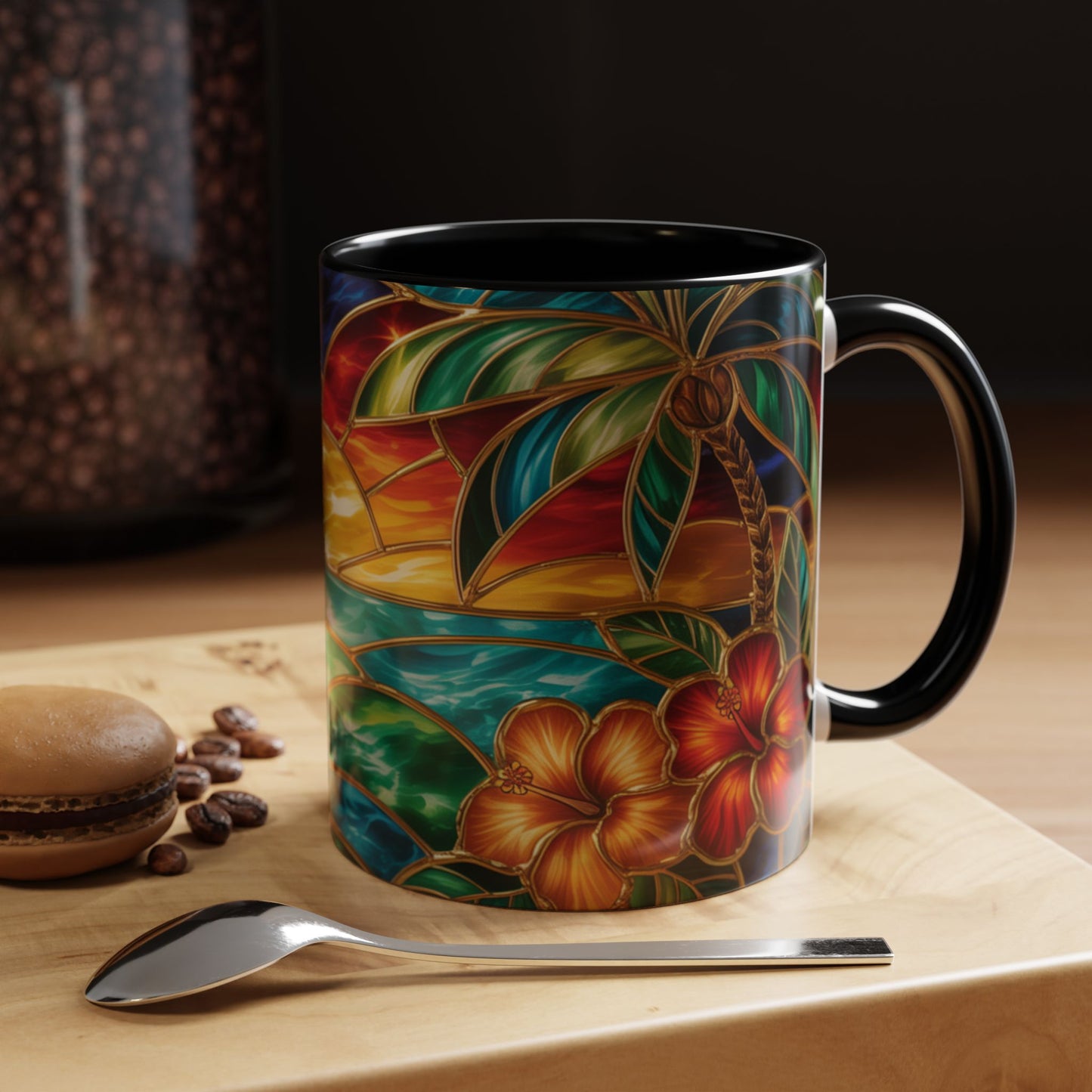 Stained Glass Tropical Sunset Mug, Hibiscus Flower Coffee Cup, Beach Lover Gift, Colorful Palm Tree Mug, Coastal Art Drinkware, Summer Cup