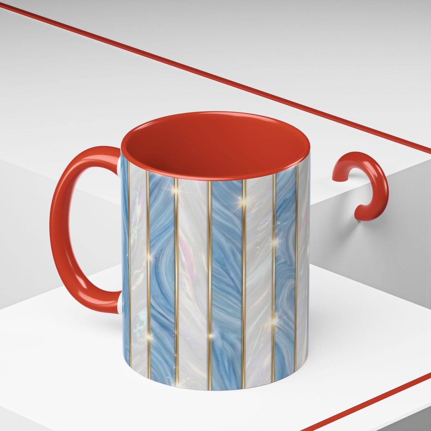 Faux Stained Glass Mug, Blue Pearlescent Coffee Cup, Art Deco Stained Glass Decor, Elegant Gold Stripe Teacup, Unique Art Gift For Her