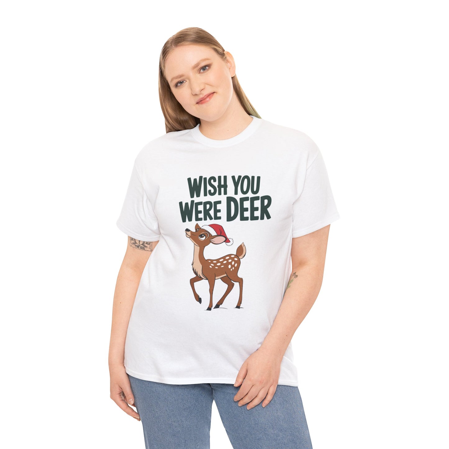Wish You Were Deer Funny Christmas T-Shirt, Cute Reindeer Holiday Tee, Pun Christmas Shirt, Festive Santa Hat Deer Graphic Tee Gift