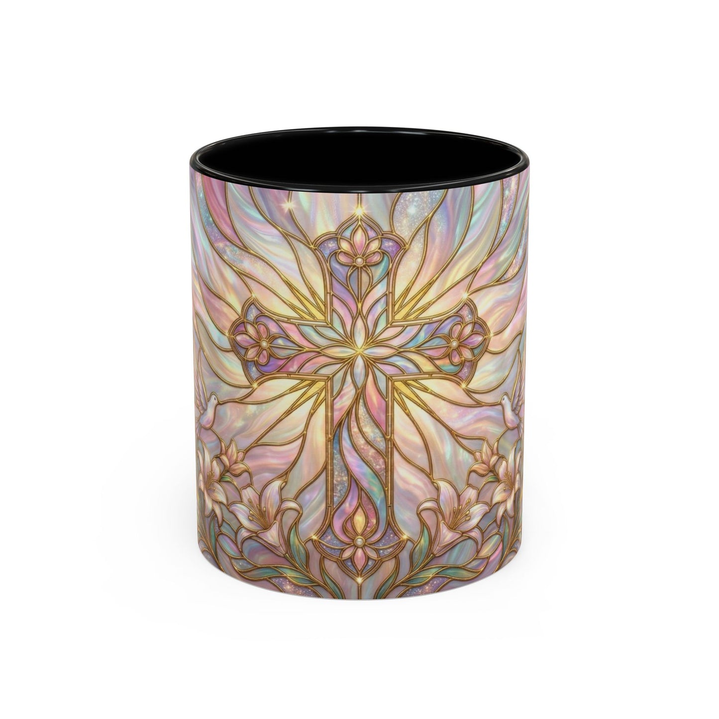 Stained Glass Cross Mug, Easter Lily Coffee Cup, Christian Gift for Women, Pastel Religious Drinkware, Dove and Faith Cup, Spiritual
