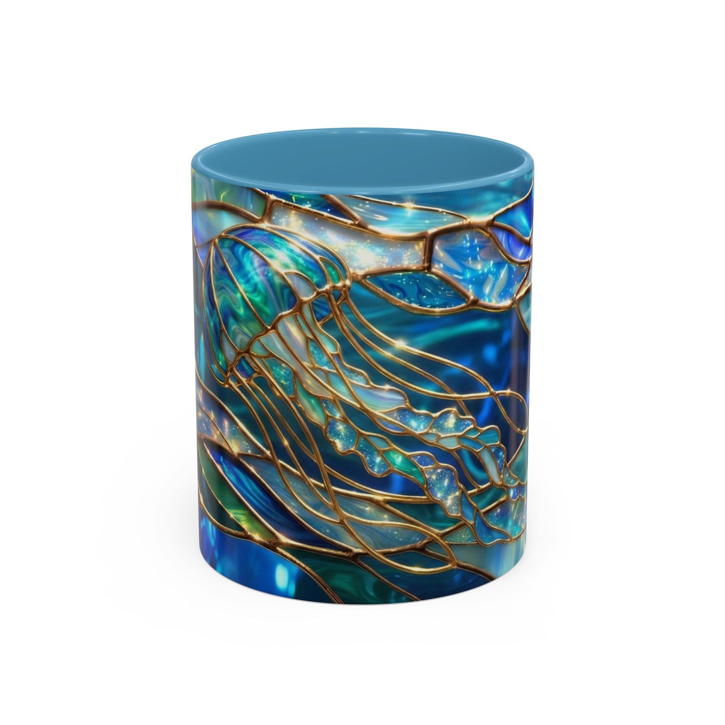 Stained Glass Jellyfish Mug, Ocean Art Coffee Cup, Nautical Sea Life Mug, Blue Teal Gold Glass Style Mug, Gift For Ocean Lovers Decor