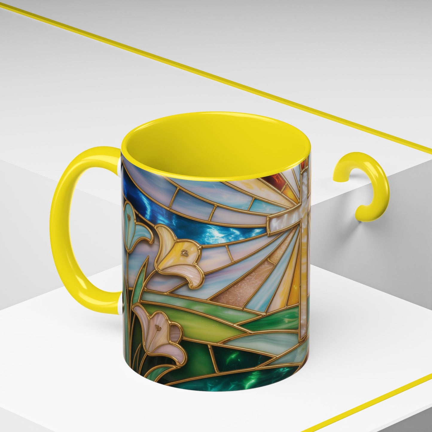 Stained Glass Cross Mug, Christian Coffee Cup, Faith Gift Mug, Religious Art Mug, Floral Church Mug, Inspirational Faith Cup, Easter Gift