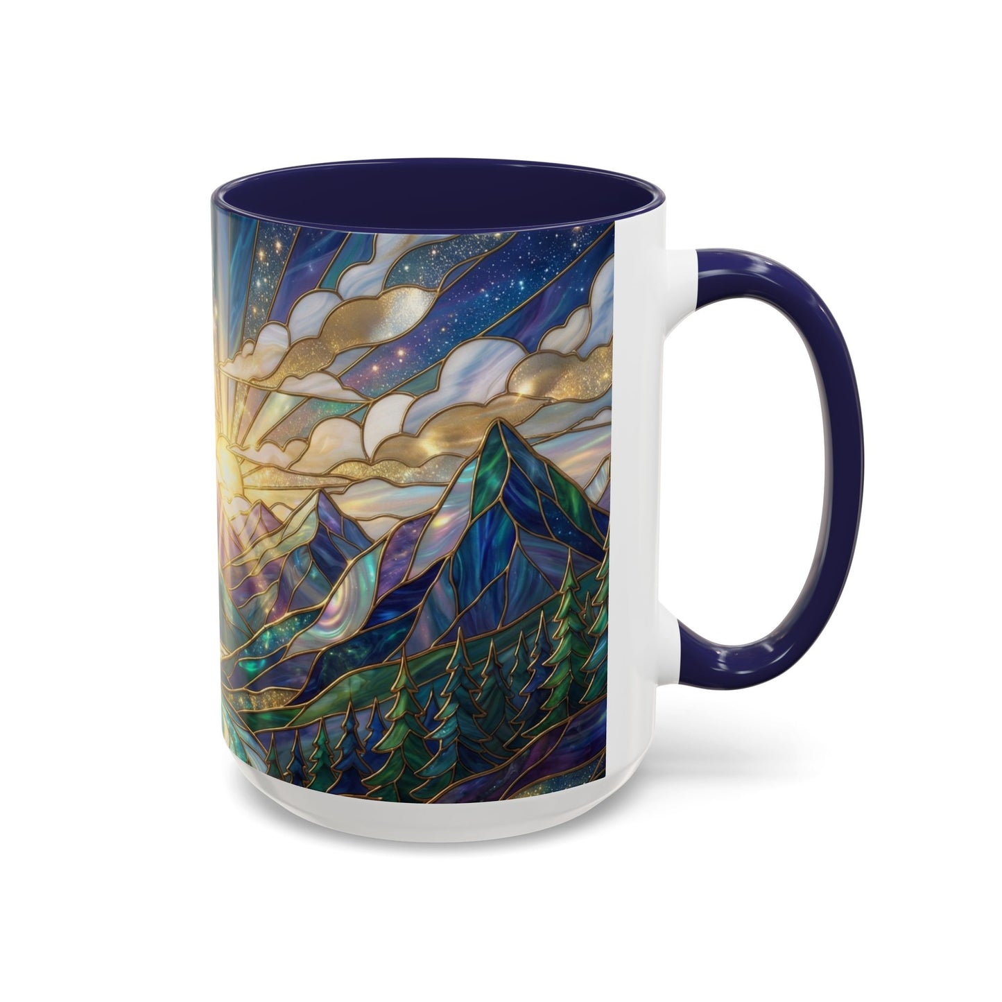 Mountain Art Mug, Scenic Mountain Coffee Cup, Nature Lover Ceramic Mug, Stained Glass Style Landscape, 11oz 15oz Gift, Outdoor Hiking Mug, Unique Coffee Tea Cup