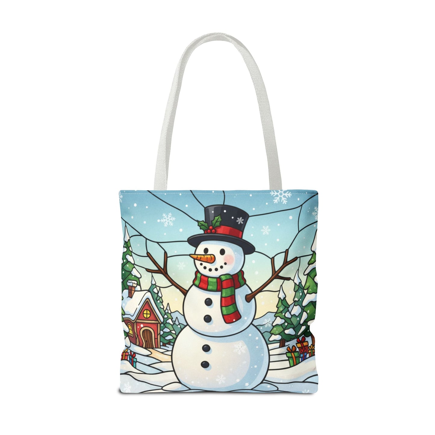 Stained Glass Snowman Christmas Tote Bag, Holiday Art Tote, Festive Winter Gift Bag, Colorful Christmas Scene Reusable Shopping Bag