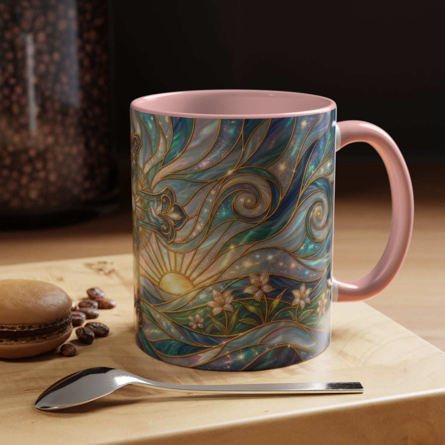 Stained Glass Cross Mug, Christian Coffee Cup, Religious Easter Gift, Celestial Faith Mug, Spiritual Sunrise Cup, Dove Lily Print Mug