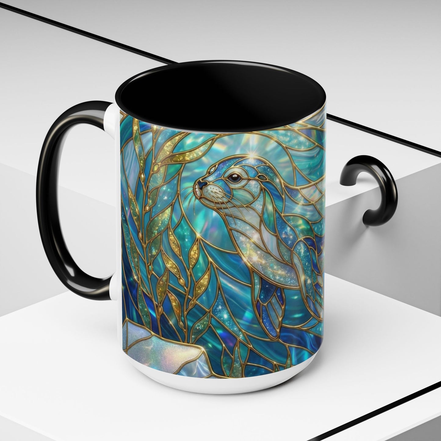Seal Coffee Mug, Stained Glass Seal Mug, Cute Marine Animal Art Mug, Ocean Lover Gift, Unique Ceramic Coffee Cup, 11oz 15oz Coastal Mug