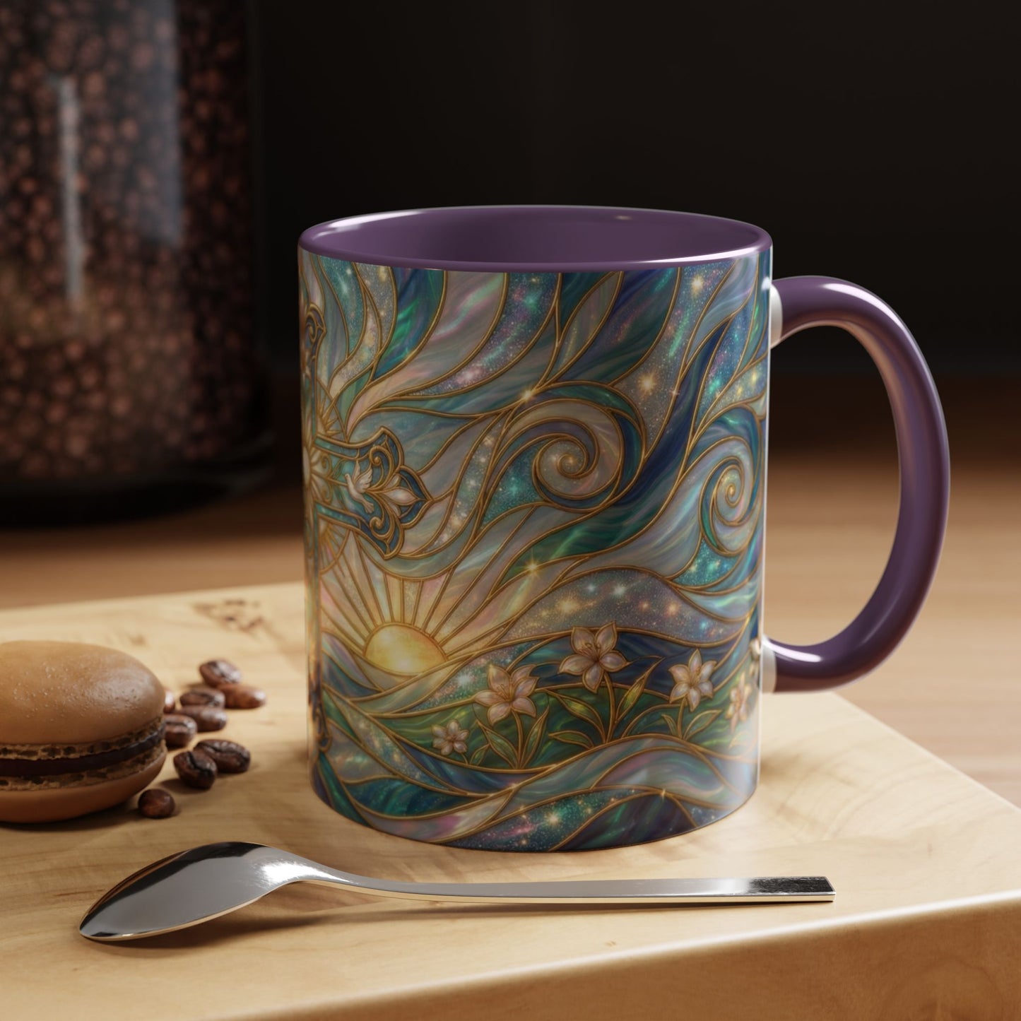 Stained Glass Cross Mug, Christian Coffee Cup, Religious Easter Gift, Celestial Faith Mug, Spiritual Sunrise Cup, Dove Lily Print Mug