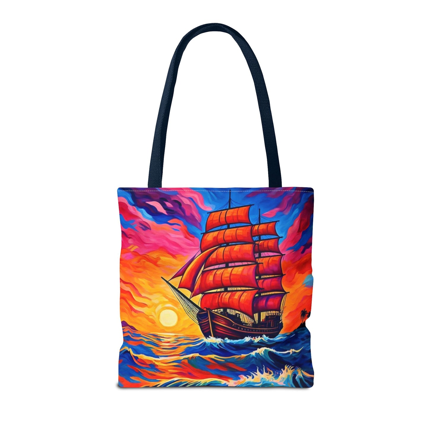 Crimson Voyage Tote Bag, Red Sailboat At Sunset Artistic Ocean Design, Nautical Reusable Tote For Beach, Travel, And Everyday Use