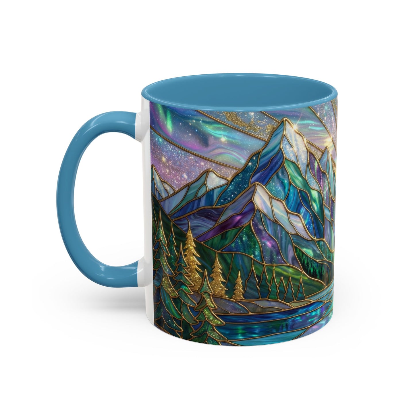 Stained Glass Mountain Mug, Mountain Landscape Coffee Cup, Galaxy Sky Nature Ceramic Mug, Sunrise River Forest Art, 11oz 15oz Gift
