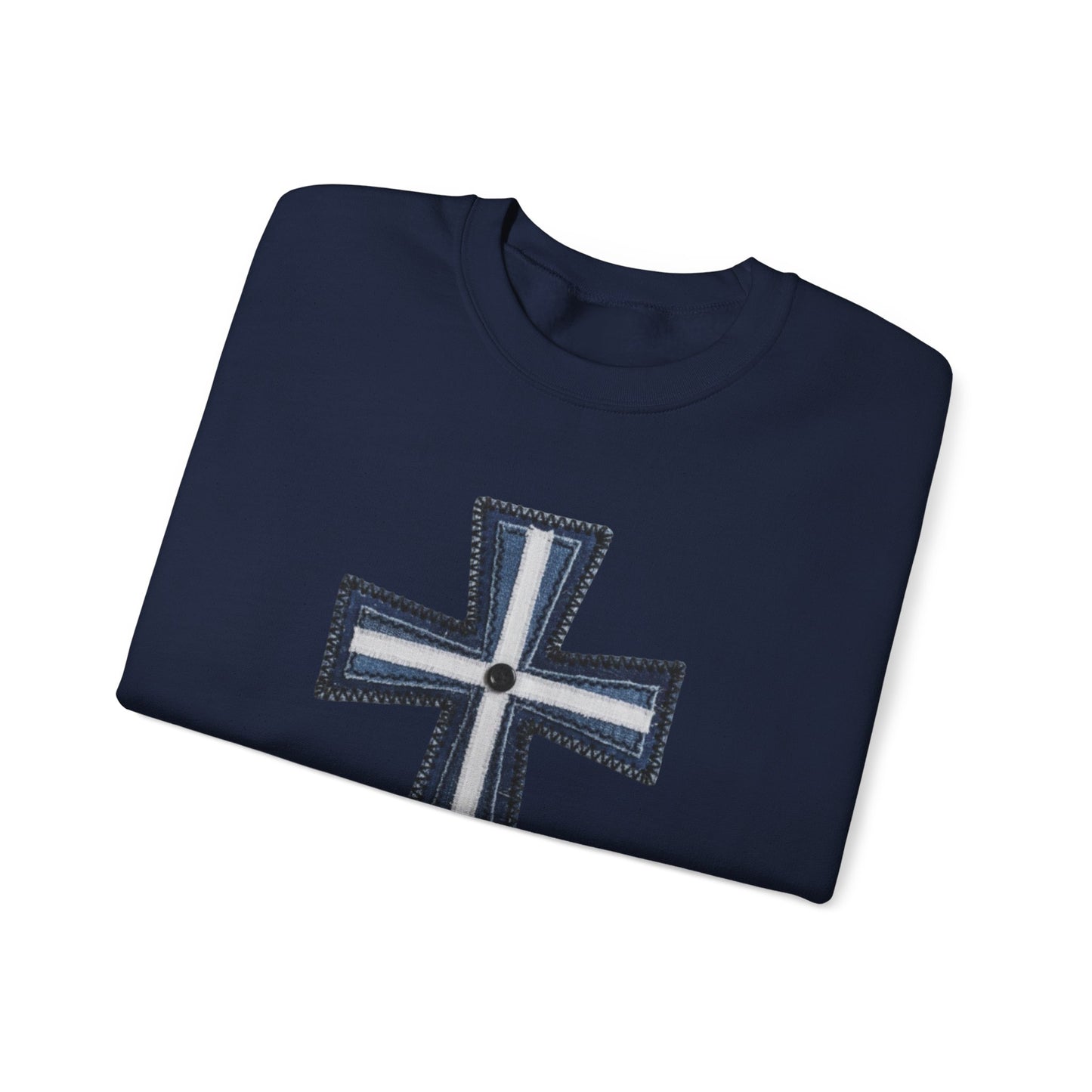 Faux Patchwork Cross Sweatshirt, Christian Patchwork Style Crewneck, Faith Gift for Women Men, Rustic Cross Sweatshirt, Religious Xmas Gift