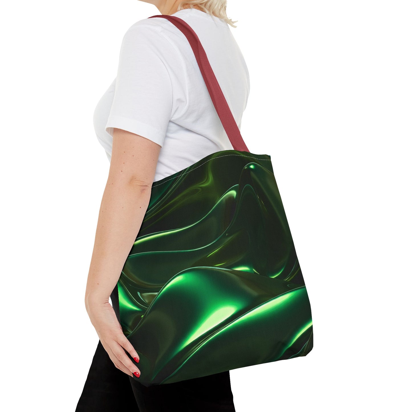Futuristic Green Tote Bag - Abstract Metallic Wave Art Tote - Glossy Cyber Aesthetic Bag, Techwear Vibes, Edgy Gamer Gift, Trendy Street Style