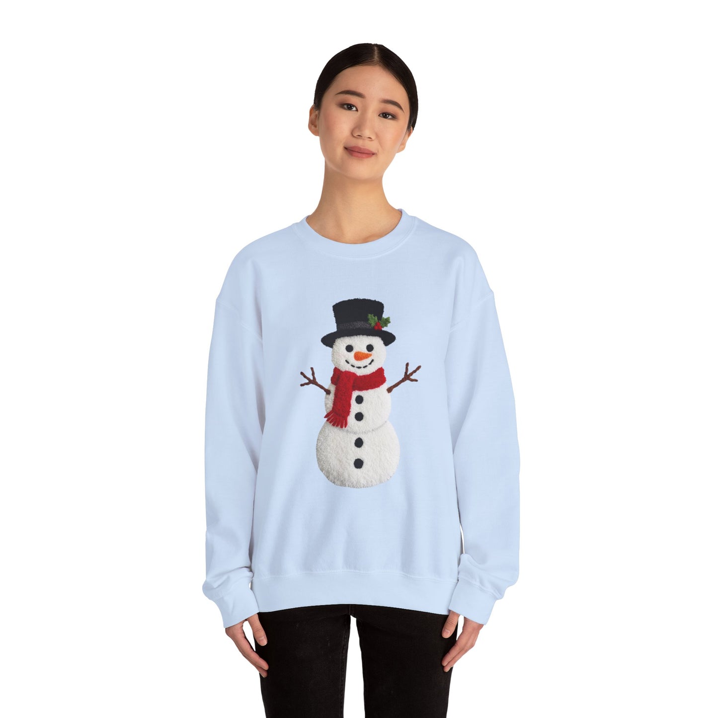 Faux Patchwork Crochet Snowman Sweatshirt, Winter Snowman Crewneck, Cozy Holiday Sweater, Christmas Sweatshirt, Festive Winter Shirt, unisex gift