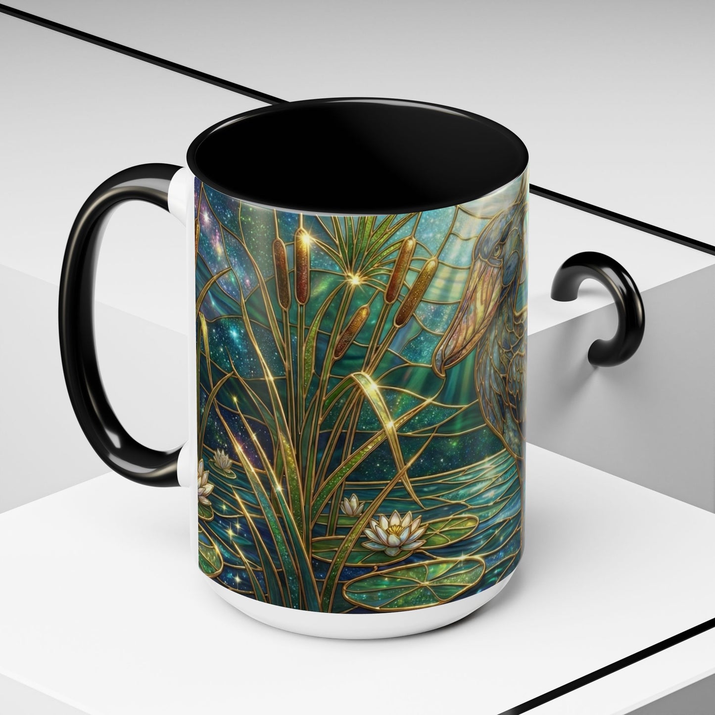 Shoebill Stork Mug, Stained Glass Bird Art, Prehistoric Animal Gift, Swamp Nature Coffee Cup, Galaxy Night, Ornithology Lover Present