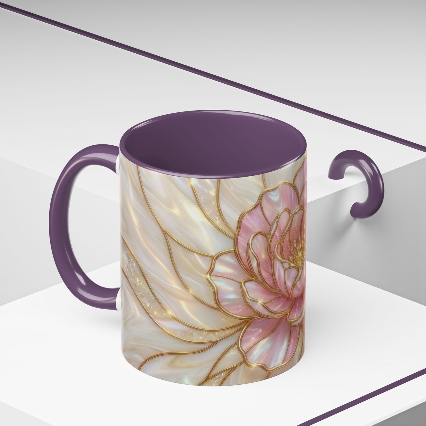 Pink Peony Stained Glass Mug, Gold Floral Coffee Cup, Elegant Flower Gift For Her, Fairycore Tea Cup, Mothers Day Present, Pearl Art Decor