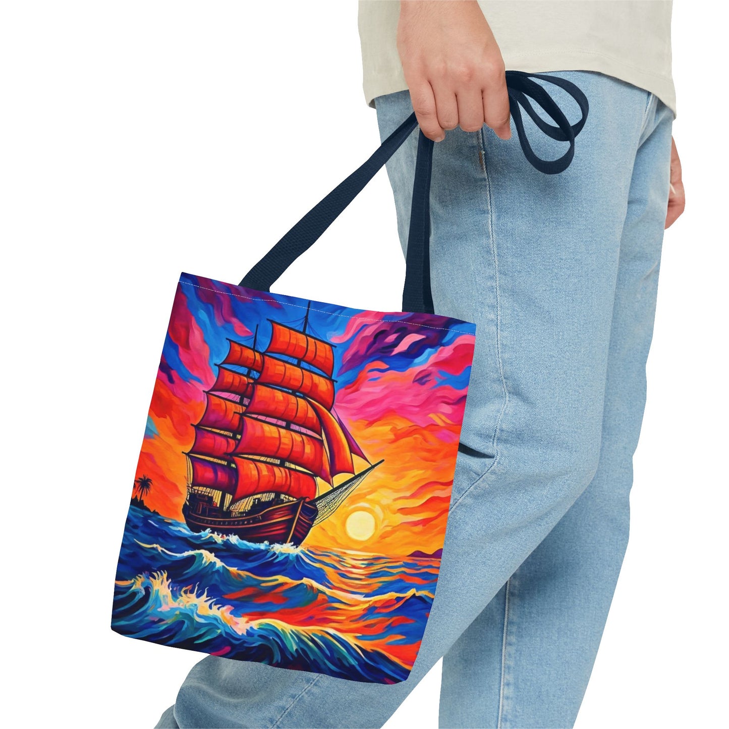 Crimson Voyage Tote Bag, Red Sailboat At Sunset Artistic Ocean Design, Nautical Reusable Tote For Beach, Travel, And Everyday Use
