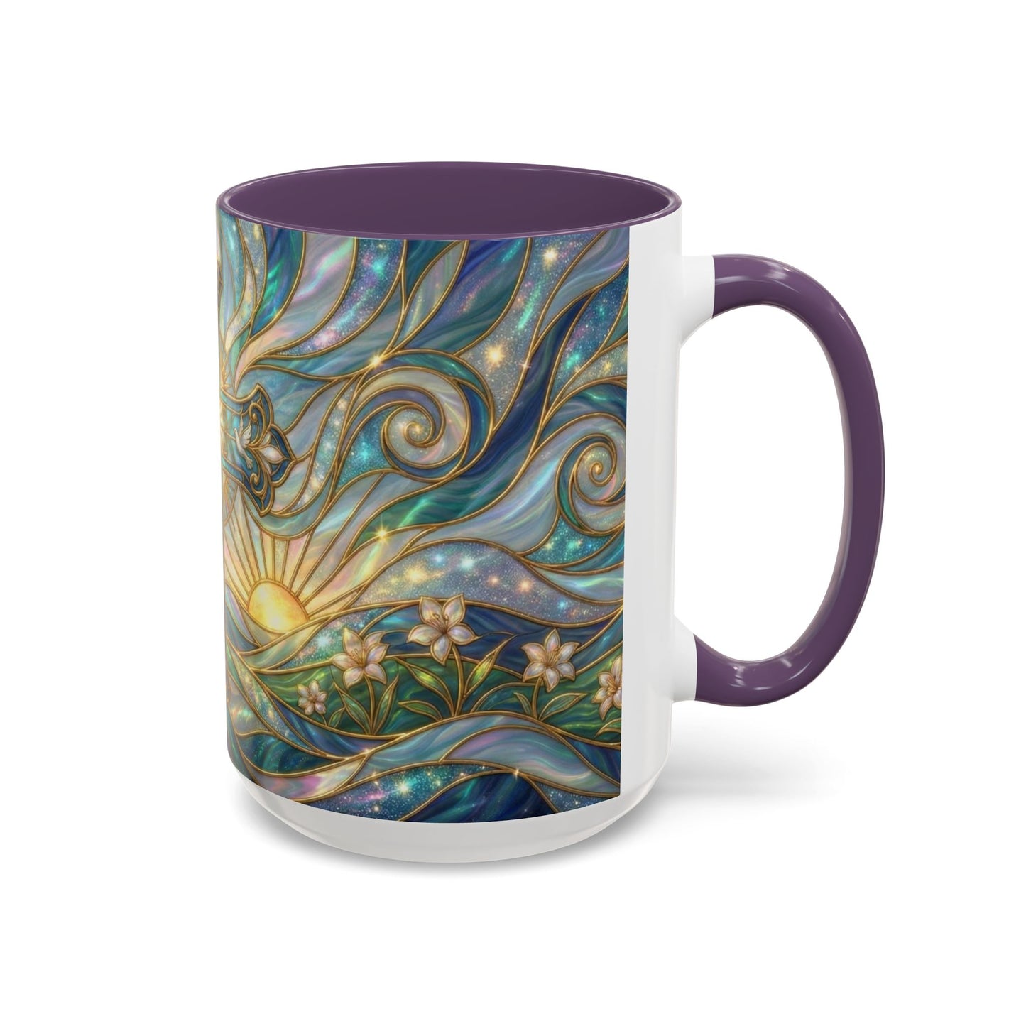Stained Glass Cross Mug, Christian Coffee Cup, Religious Easter Gift, Celestial Faith Mug, Spiritual Sunrise Cup, Dove Lily Print Mug