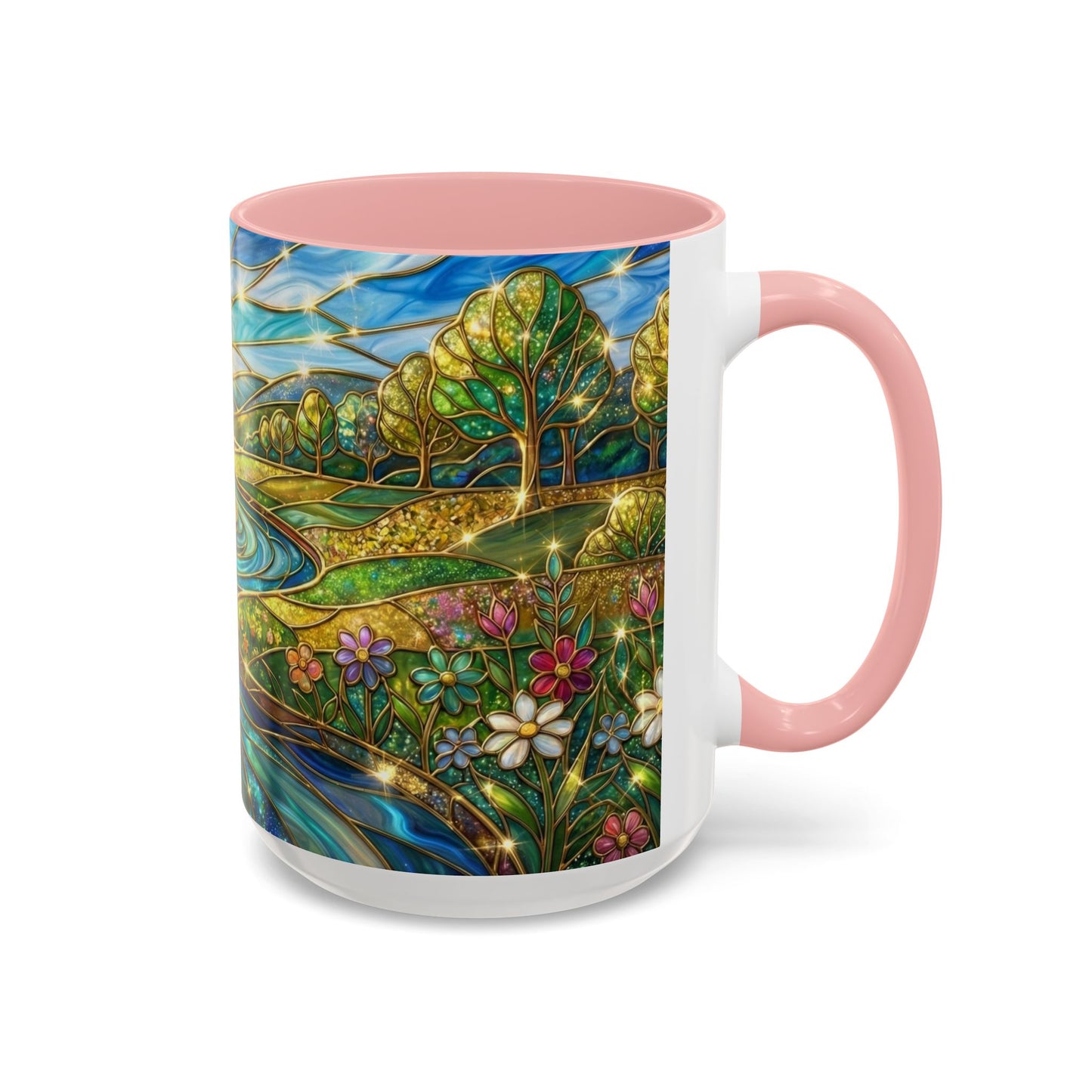 Stained Glass Mug, River Landscape Coffee Cup, Nature Lover Gift, Floral Tea Mug, Gardener Present, Art Teacher Gift, Colorful Scenery Cup