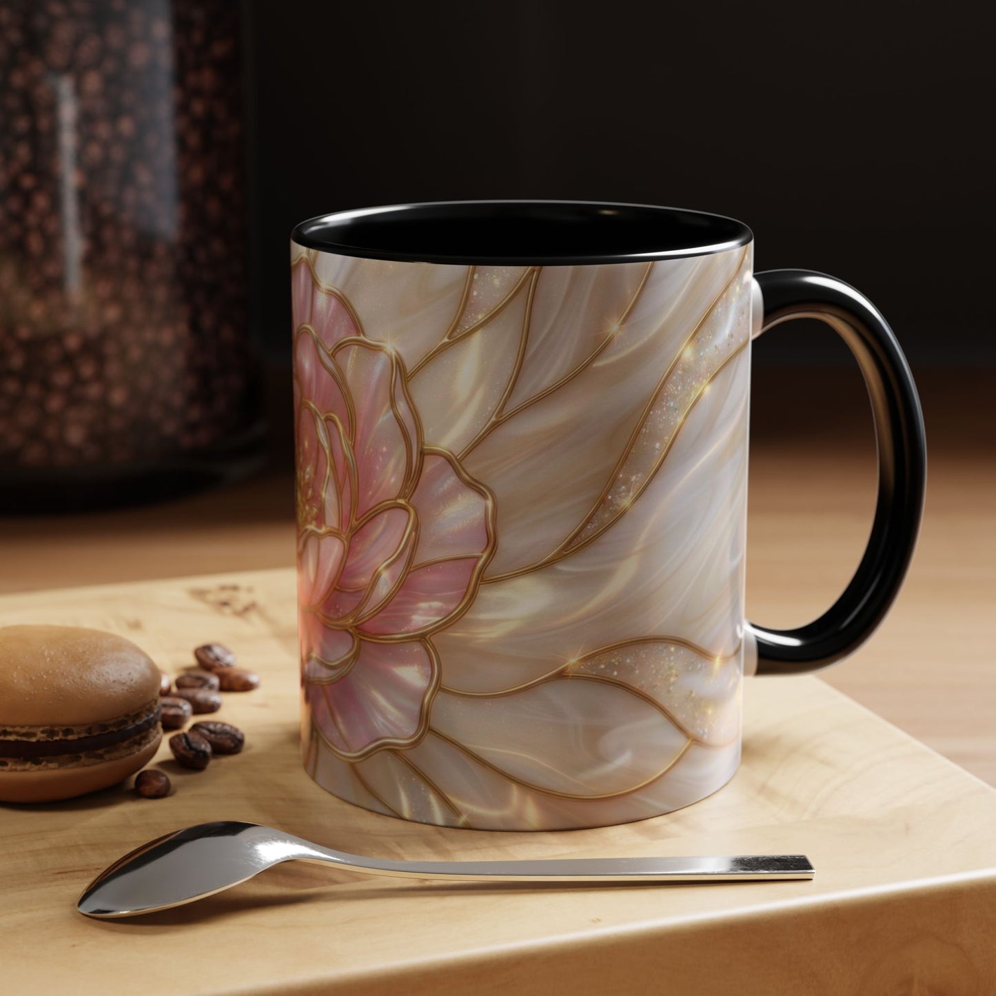Pink Peony Stained Glass Mug, Gold Floral Coffee Cup, Elegant Flower Gift For Her, Fairycore Tea Cup, Mothers Day Present, Pearl Art Decor
