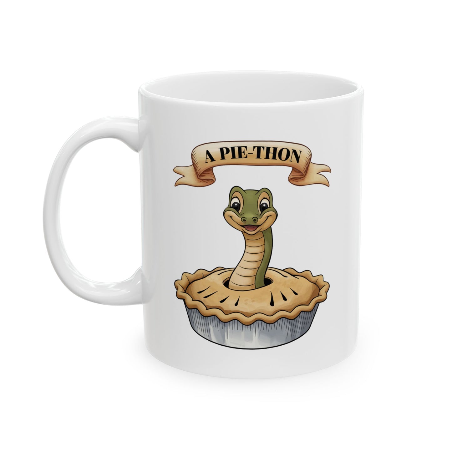 Pie-Thon Snake Mug - Funny Python Pie Pun Mug, Quirky Animal Cartoon Ceramic Coffee Cup, Novelty Gift for Snake Lovers & Bakery Fans