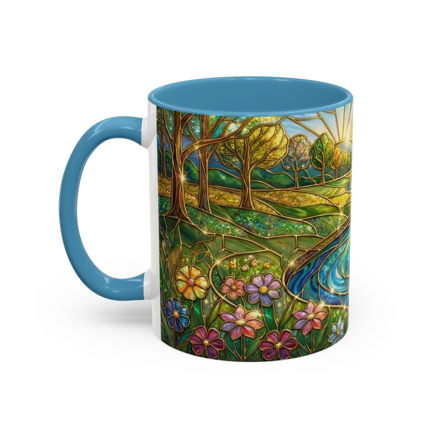 Stained Glass Mug, River Landscape Coffee Cup, Nature Lover Gift, Floral Tea Mug, Gardener Present, Art Teacher Gift, Colorful Scenery Cup