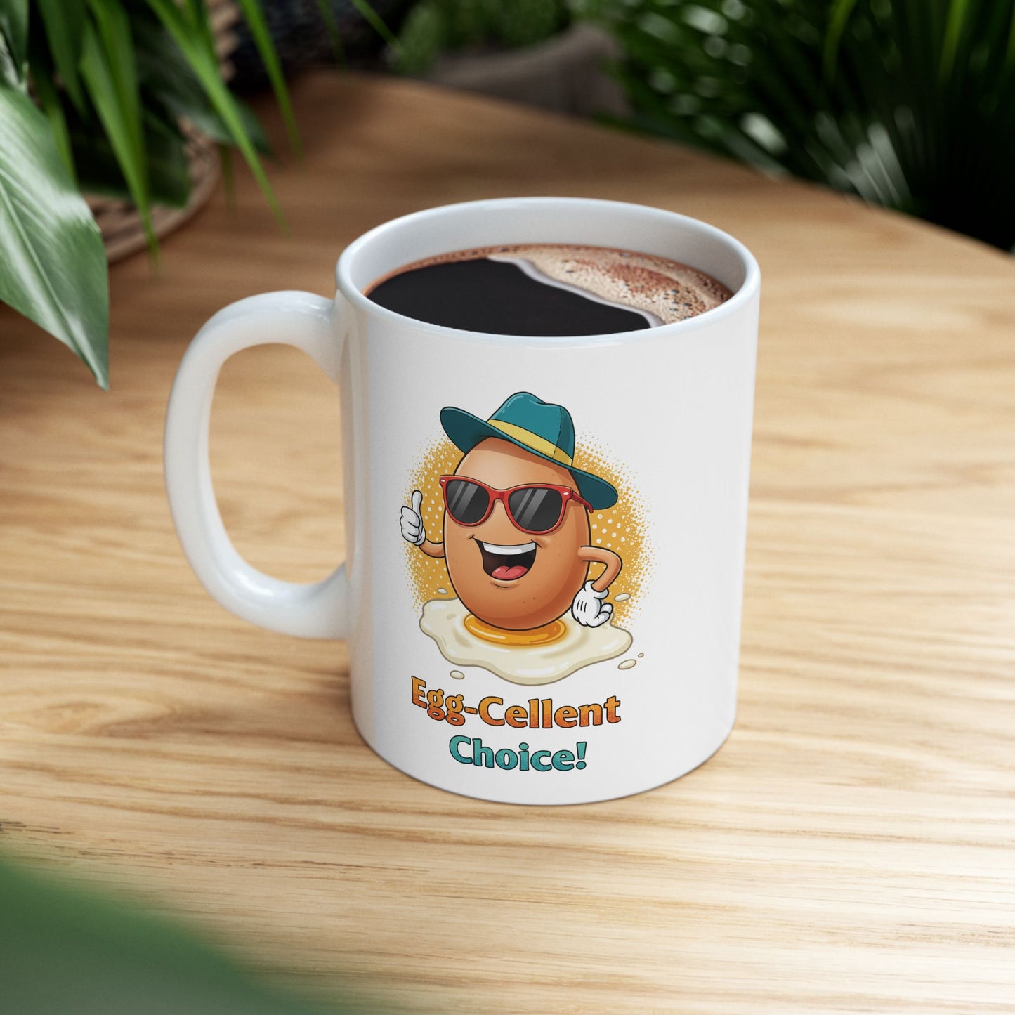 Egg-Cellent Choice! Funny Cartoon Egg Mug with Sunglasses & Hat – Cute Breakfast Ceramic Coffee Cup – Punny Gift for Egg Lovers