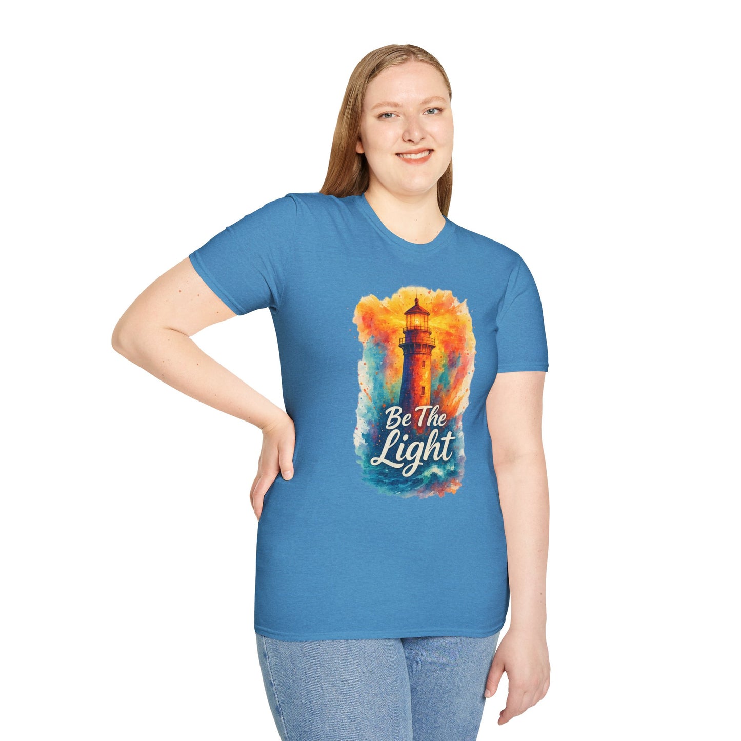Be The Light Lighthouse T-Shirt | Inspirational Spiritual Tee | Coastal Nautical Gift for Her and Him | Unisex Softstyle Graphic Tee