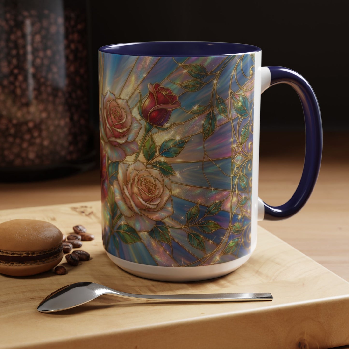 Stained Glass Rose Mug, Floral Art Coffee Cup, Elegant Rose Flower Mug, Blue Gold Glass Style Design, Romantic Gift For Her Decor