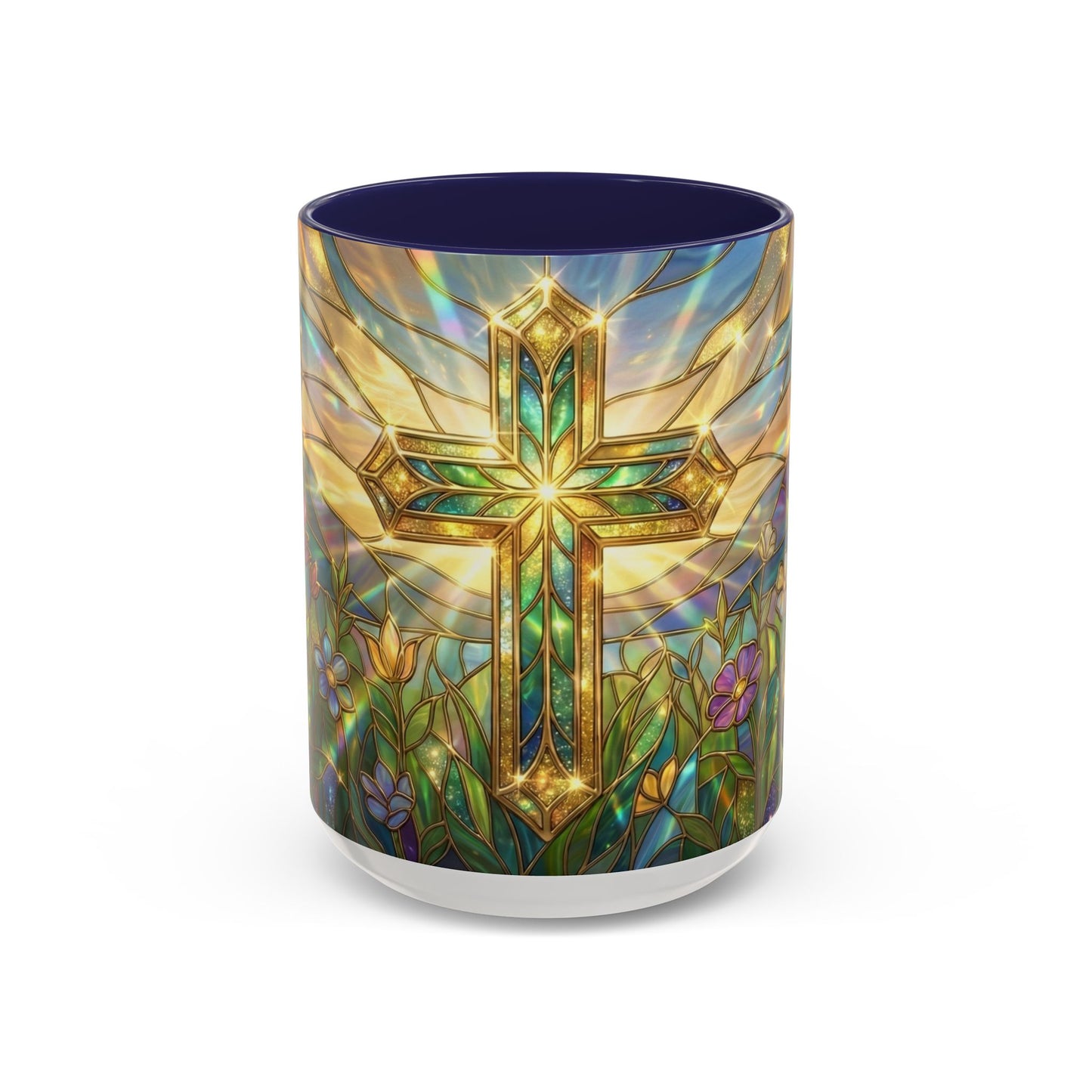 Stained Glass Cross Mug, Christian Coffee Cup With Floral Design, Faith Inspired Ceramic Mug, Religious Gift, 11oz 15oz