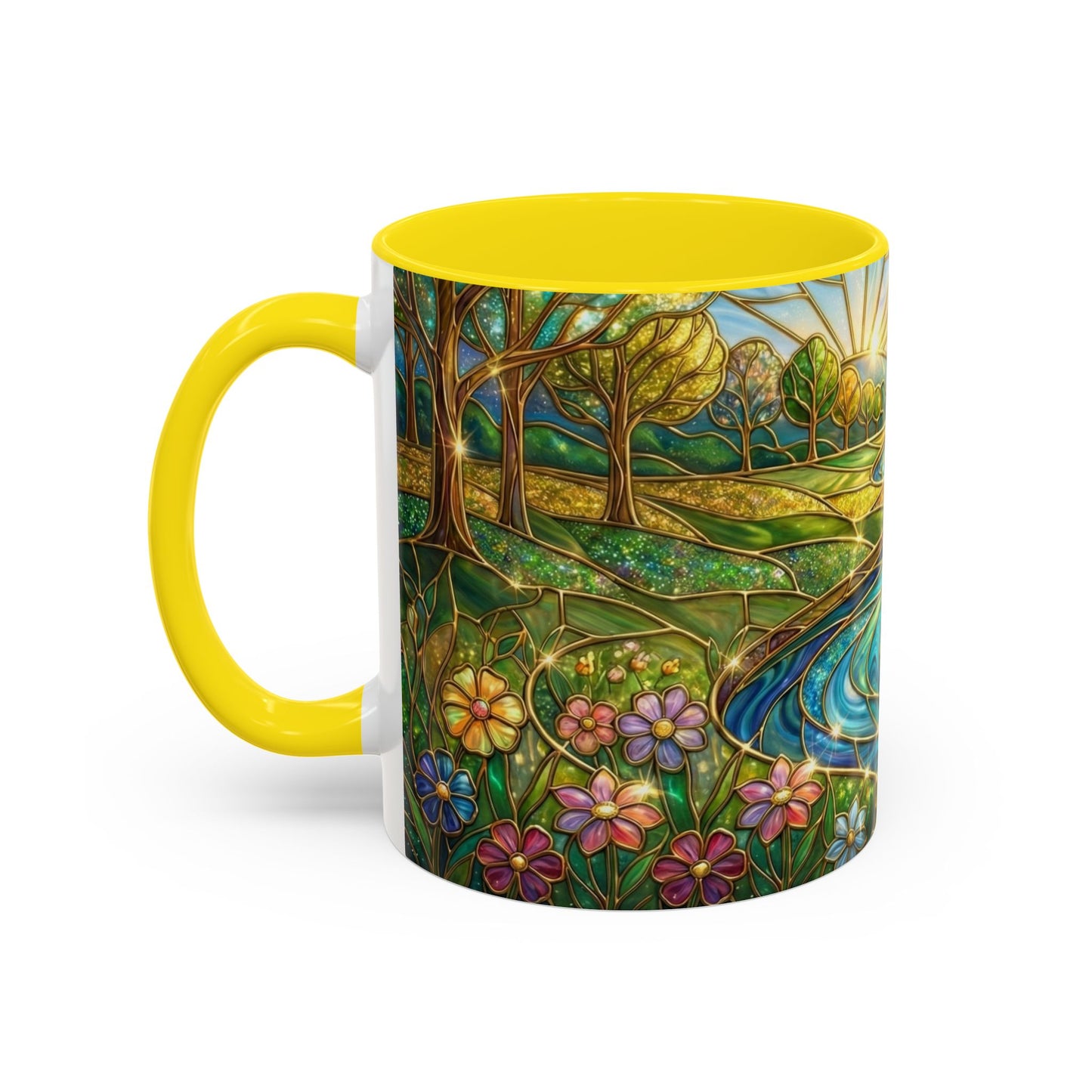 Stained Glass Mug, River Landscape Coffee Cup, Nature Lover Gift, Floral Tea Mug, Gardener Present, Art Teacher Gift, Colorful Scenery Cup
