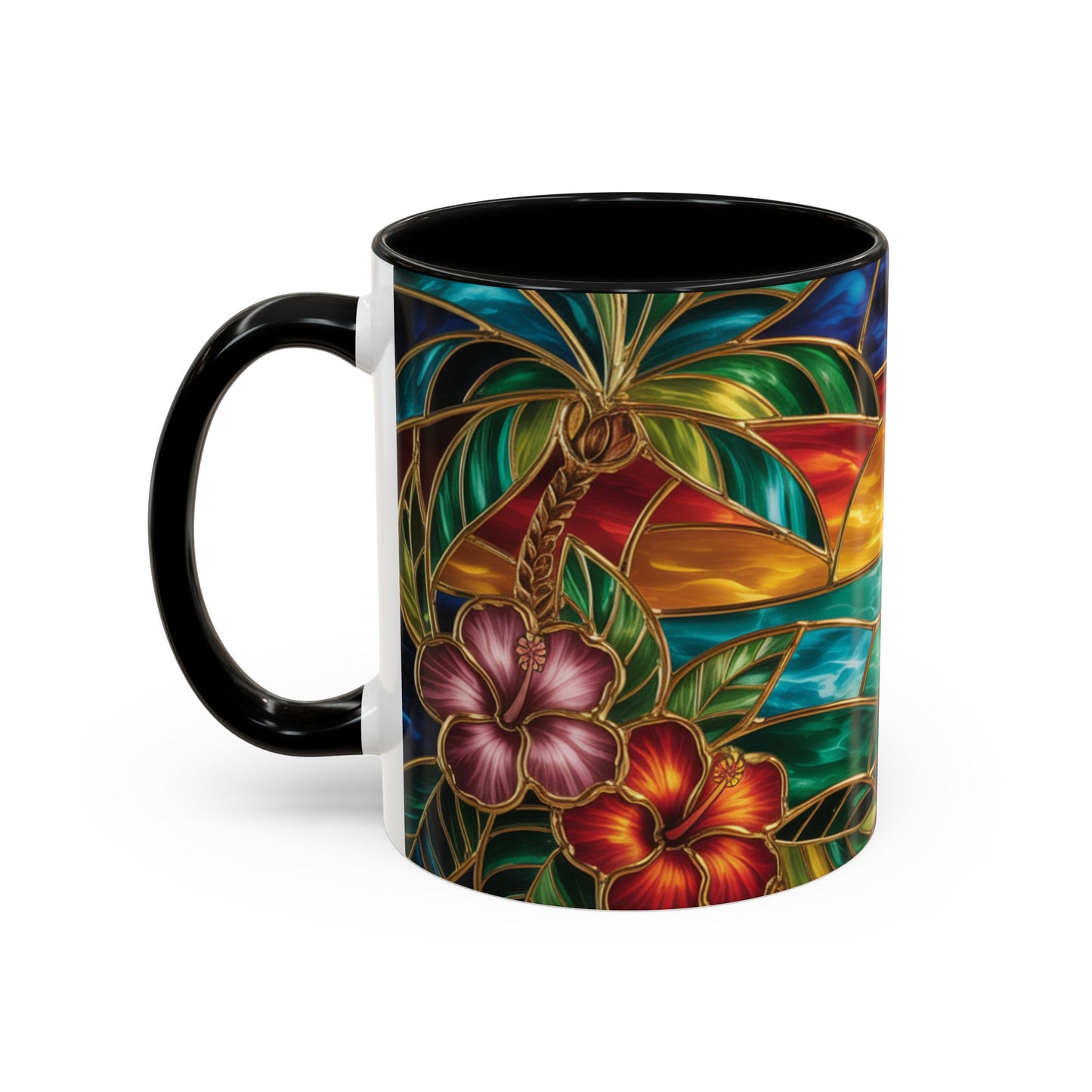 Stained Glass Tropical Sunset Mug, Hibiscus Flower Coffee Cup, Beach Lover Gift, Colorful Palm Tree Mug, Coastal Art Drinkware, Summer Cup