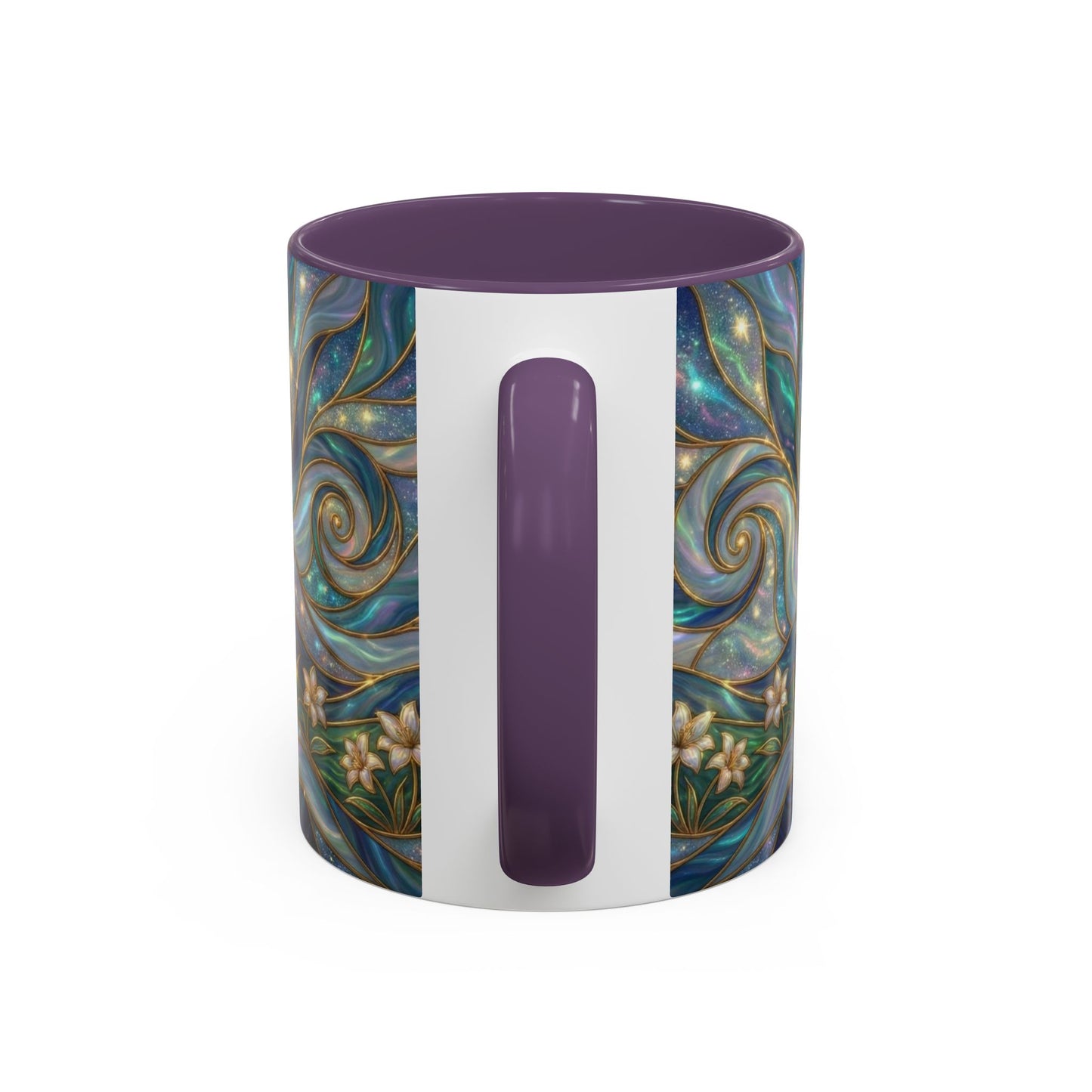 Stained Glass Cross Mug, Christian Coffee Cup, Religious Easter Gift, Celestial Faith Mug, Spiritual Sunrise Cup, Dove Lily Print Mug