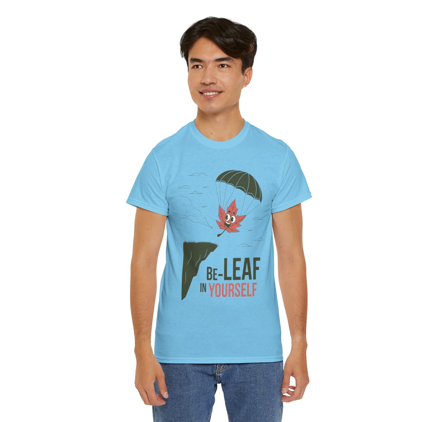 Be-Leaf In Yourself Maple Leaf Parachute T-Shirt | Funny Motivational Nature Graphic Tee | Self-Love Fall Autumn Shirt | Outdoorsy Gift