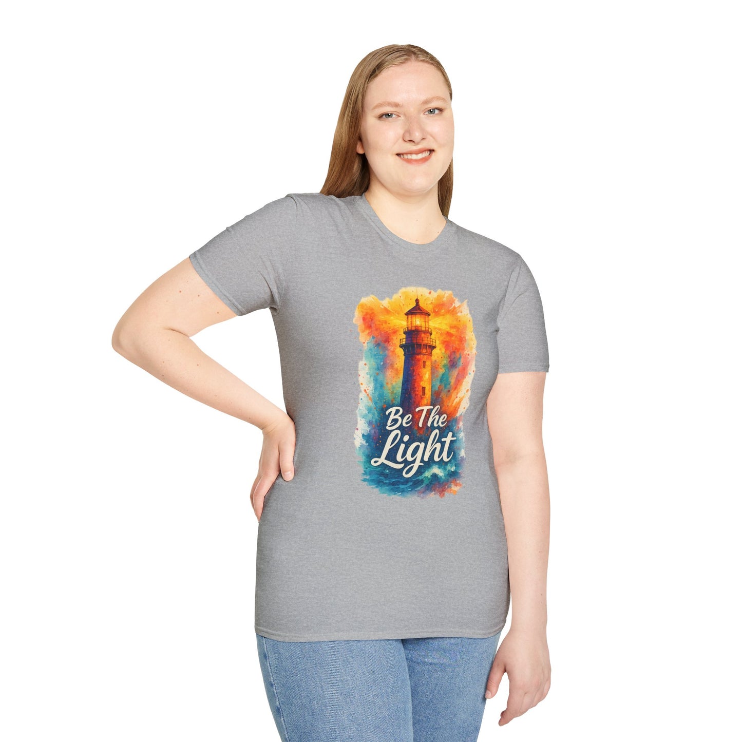 Be The Light Lighthouse T-Shirt | Inspirational Spiritual Tee | Coastal Nautical Gift for Her and Him | Unisex Softstyle Graphic Tee