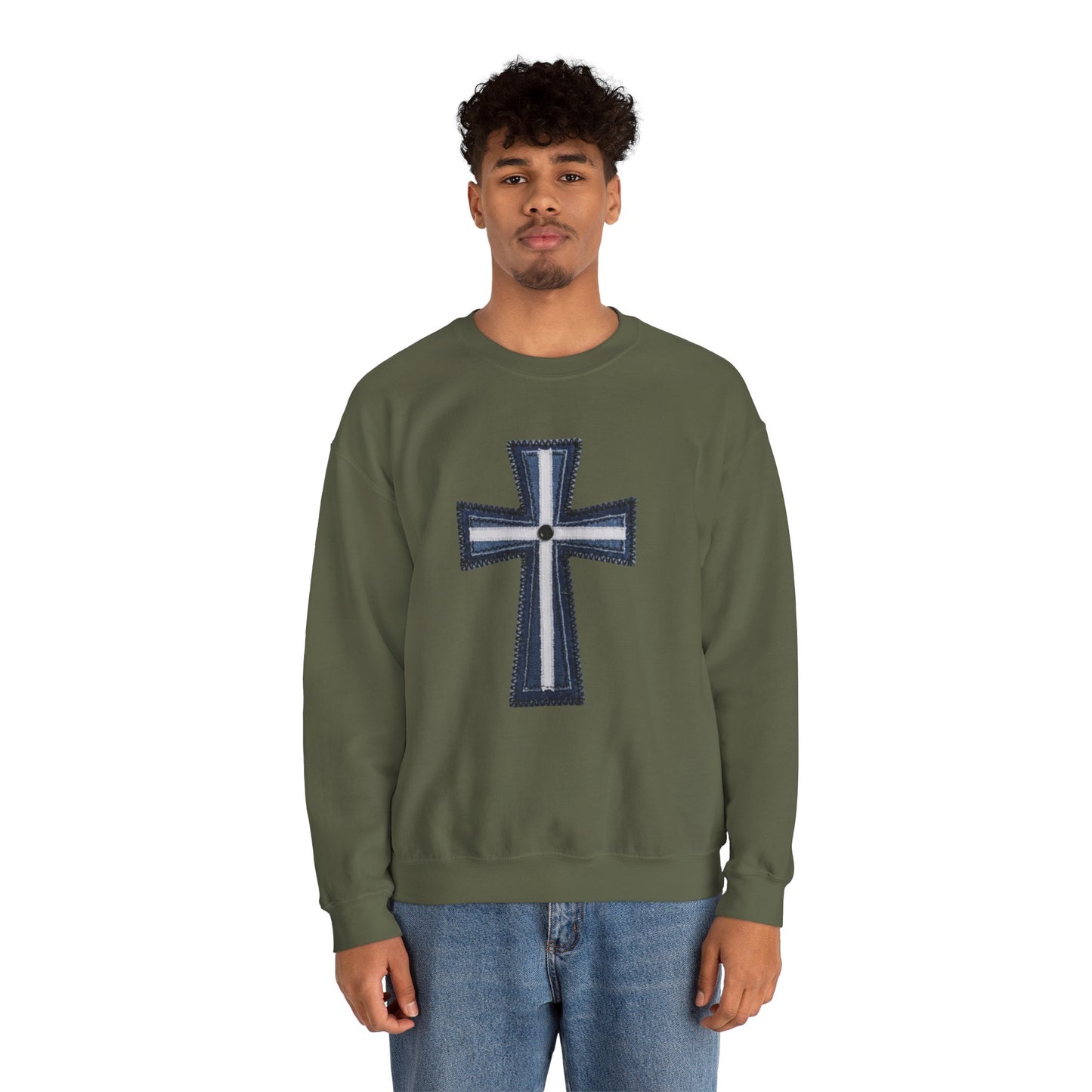 Faux Patchwork Cross Sweatshirt, Christian Patchwork Style Crewneck, Faith Gift for Women Men, Rustic Cross Sweatshirt, Religious Xmas Gift