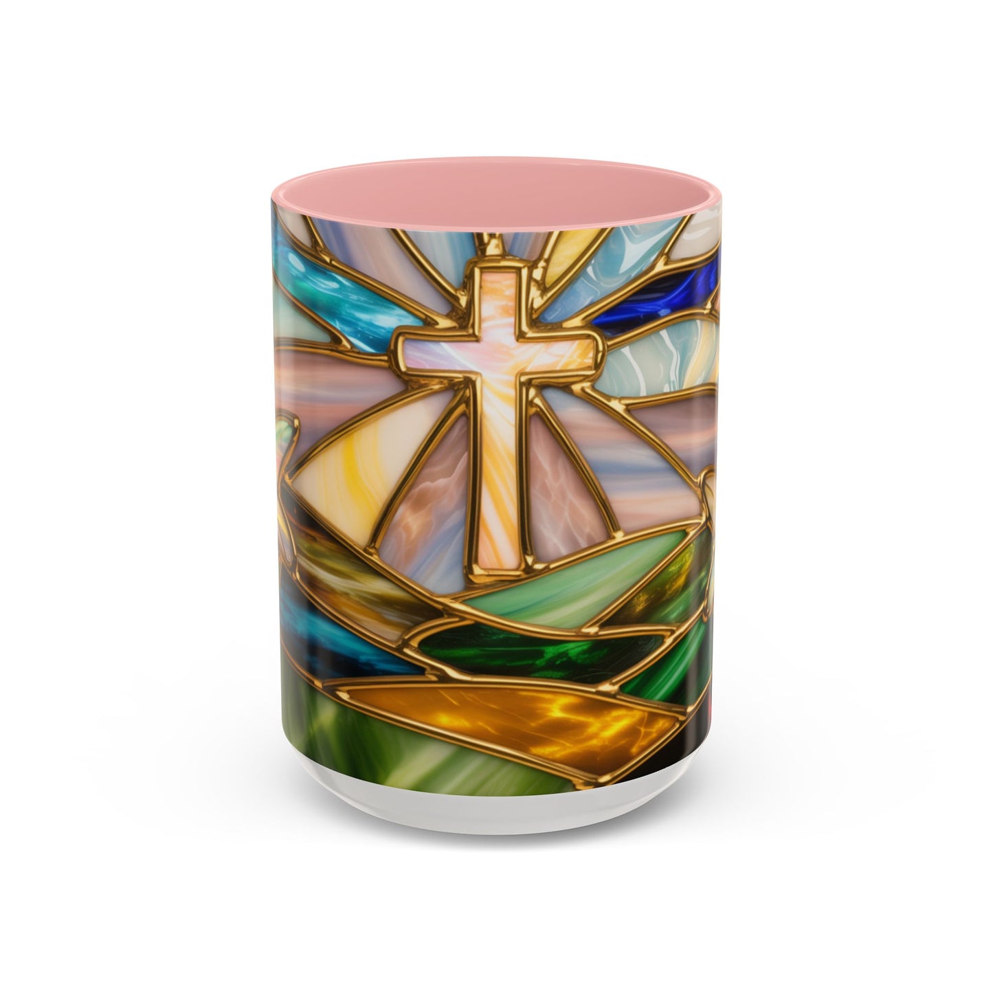Stained Glass Cross Mug, Christian Sunrise Coffee Cup, Religious Floral Art Mug, Inspirational Faith Gift For Women, Colorful Stained Glass Design