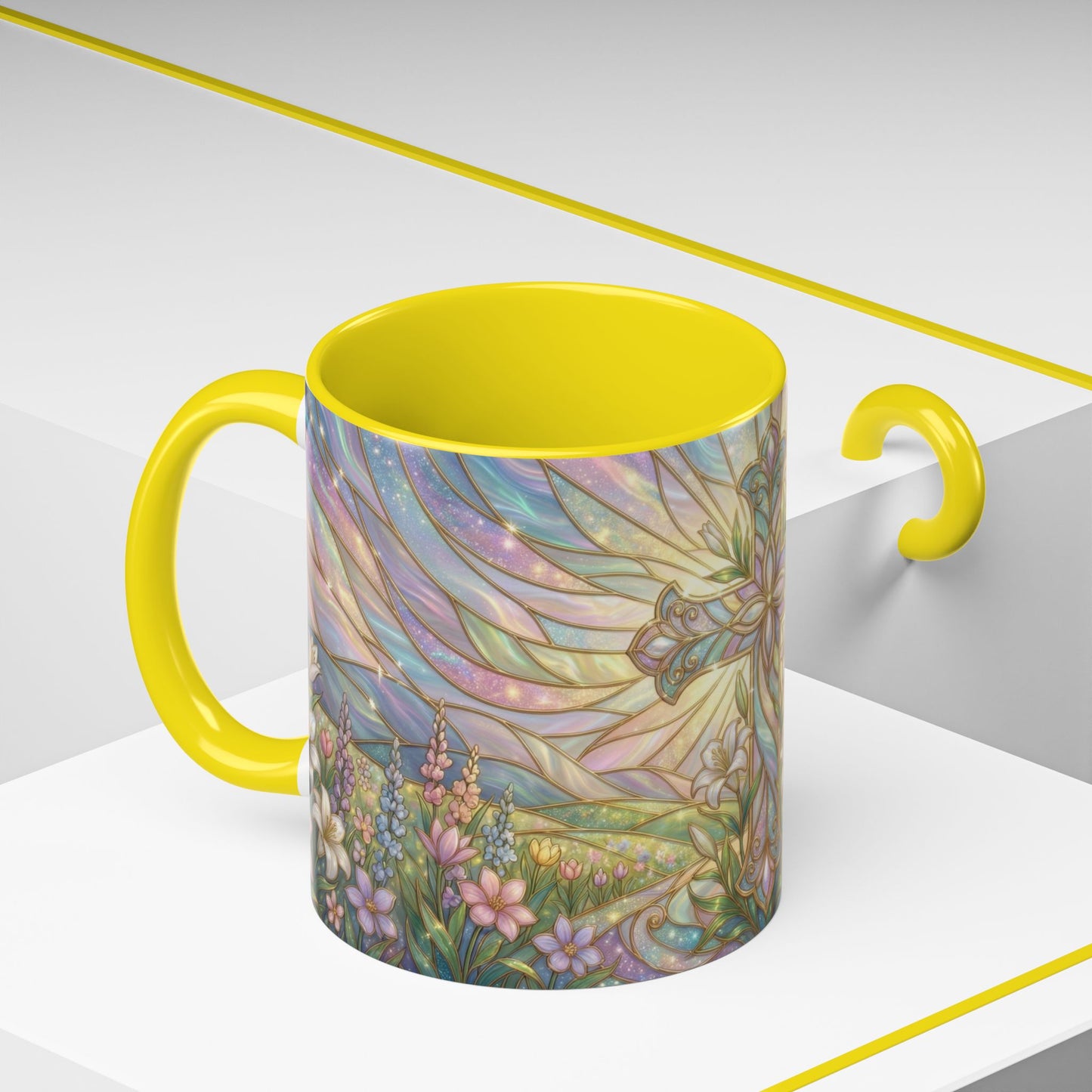 Stained Glass Cross Mug, Easter Lily Coffee Cup, Christian Religious Gift, Pastel Floral Faith Mug, Spring Believer Cup, Baptism Present