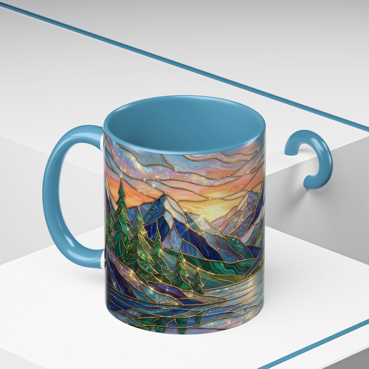 Stained Glass Mountain Mug, Sunset Mountain Landscape Coffee Cup, Nature Ceramic Mug With Forest And River, 11oz 15oz Gift