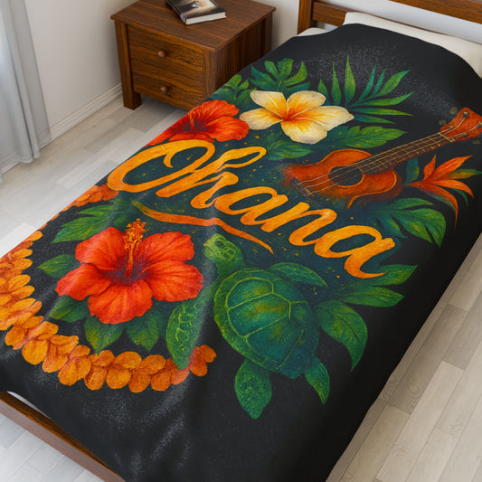 Ohana Hawaiian Blanket - Tropical Floral Turtle Ukulele Throw - Polynesian Island Bedding - Hawaii Gift - Cozy Beach Vibes Decor