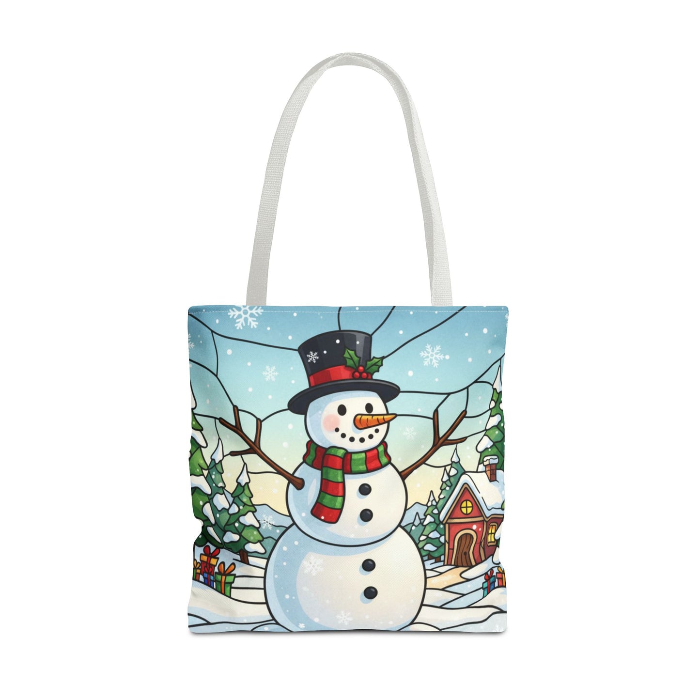 Stained Glass Snowman Christmas Tote Bag, Holiday Art Tote, Festive Winter Gift Bag, Colorful Christmas Scene Reusable Shopping Bag