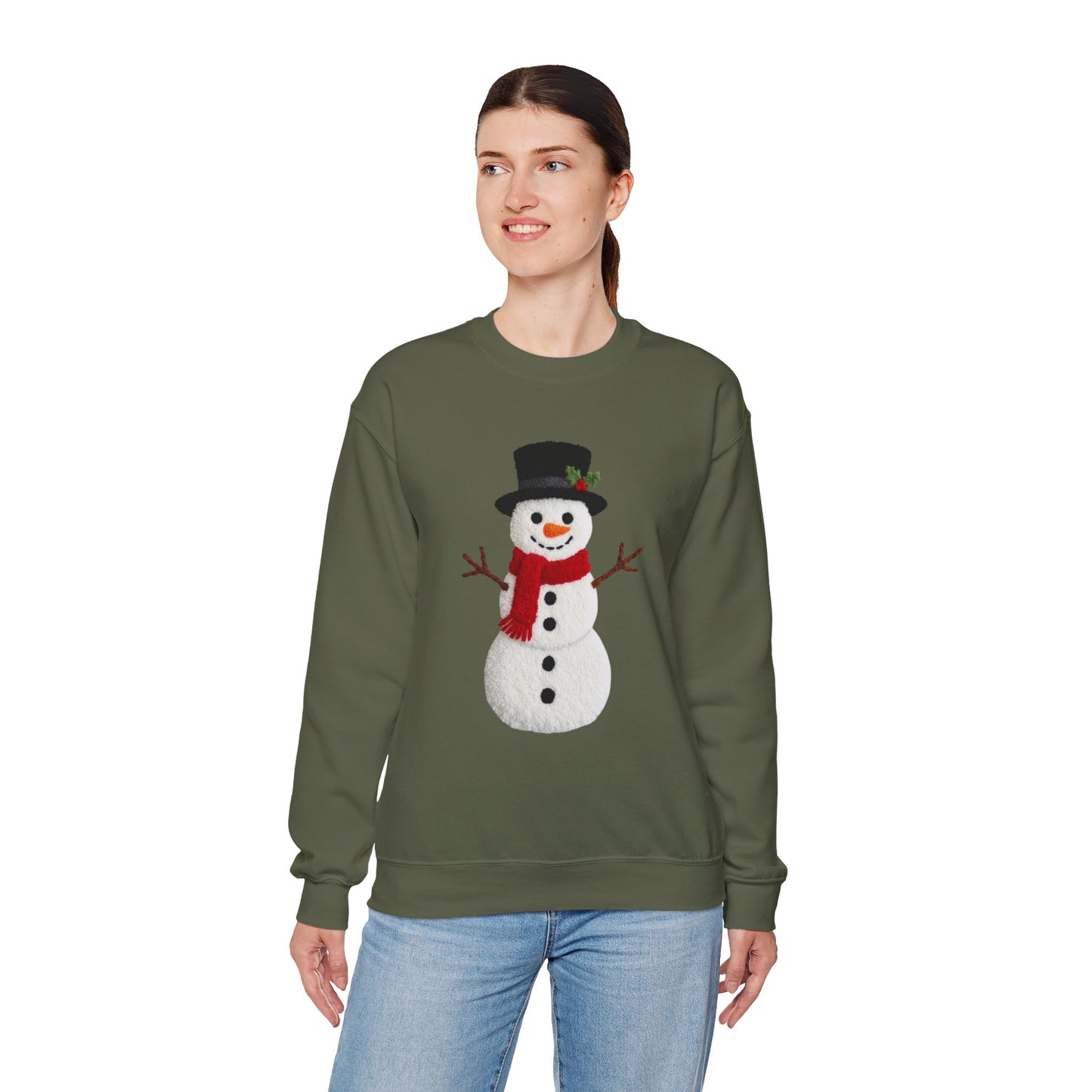 Faux Patchwork Crochet Snowman Sweatshirt, Winter Snowman Crewneck, Cozy Holiday Sweater, Christmas Sweatshirt, Festive Winter Shirt, unisex gift