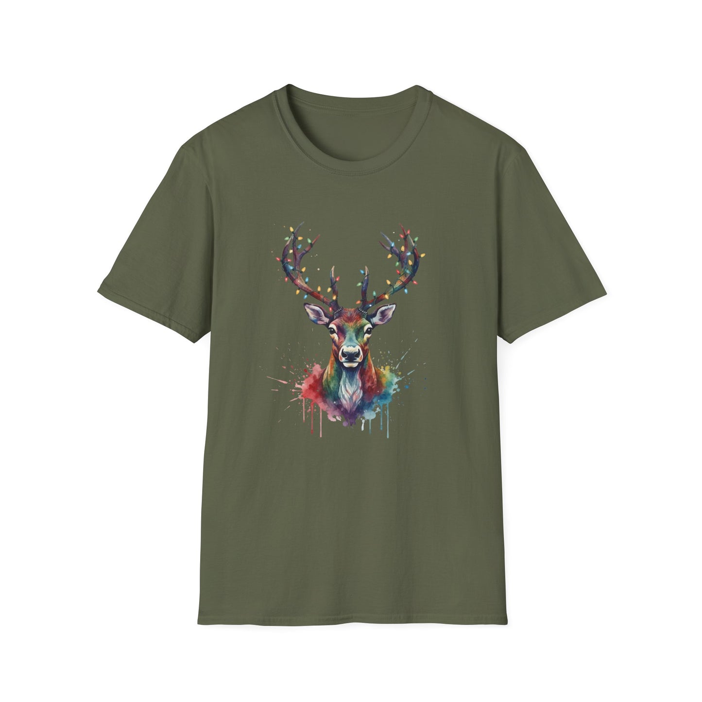 Christmas Deer Shirt, Watercolor Buck T-Shirt, Deer With Christmas Lights Tee, Holiday Wildlife Art Shirt, Colorful Deer Head Xmas Tee